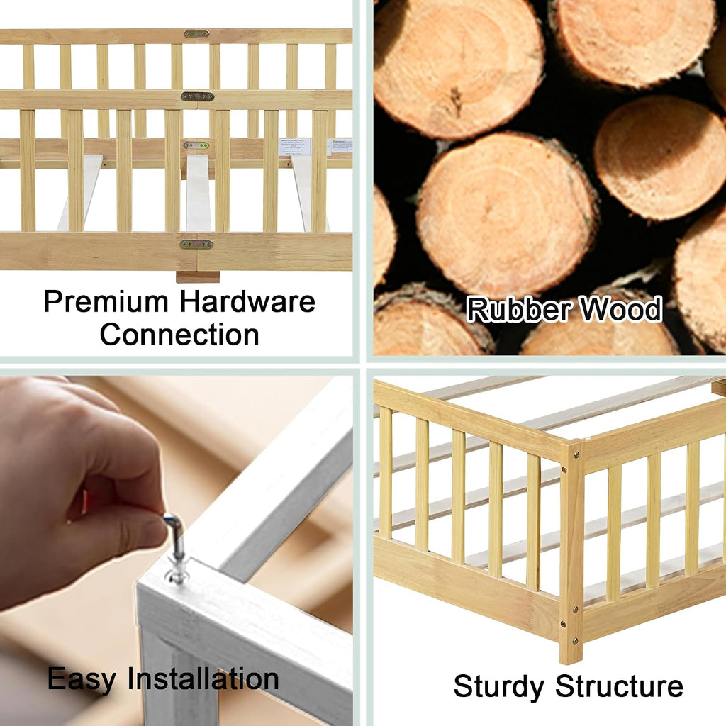 Floor Bed with Safety Guardrails for Kids, Rubber Wood Montessori Bed with Slats and Convertible Door