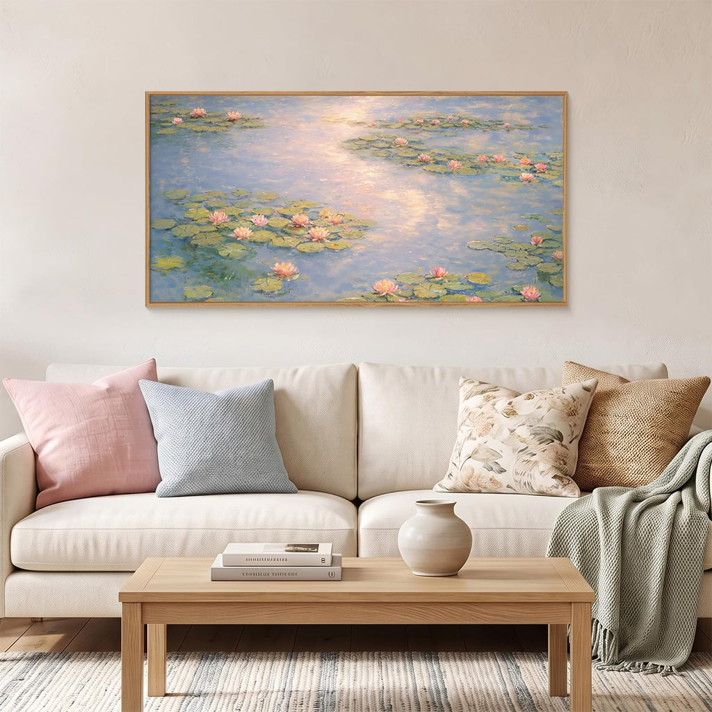 Large Monet Lilies Pond Framed Canvas Wall Art Set, Impressionist Landscape Wall Decor, Floral Garden Art