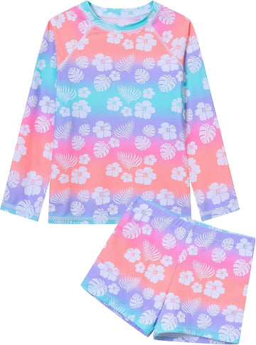 2 Piece Girls Rash Guard Set Long Sleeves Swimsuit Bathing Suit