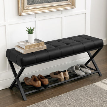 44.5" End of Bed Bench with Shelf, Faux Leather Tufted Upholstered Storage Shoe Bench, Modern Bedroom Bench with