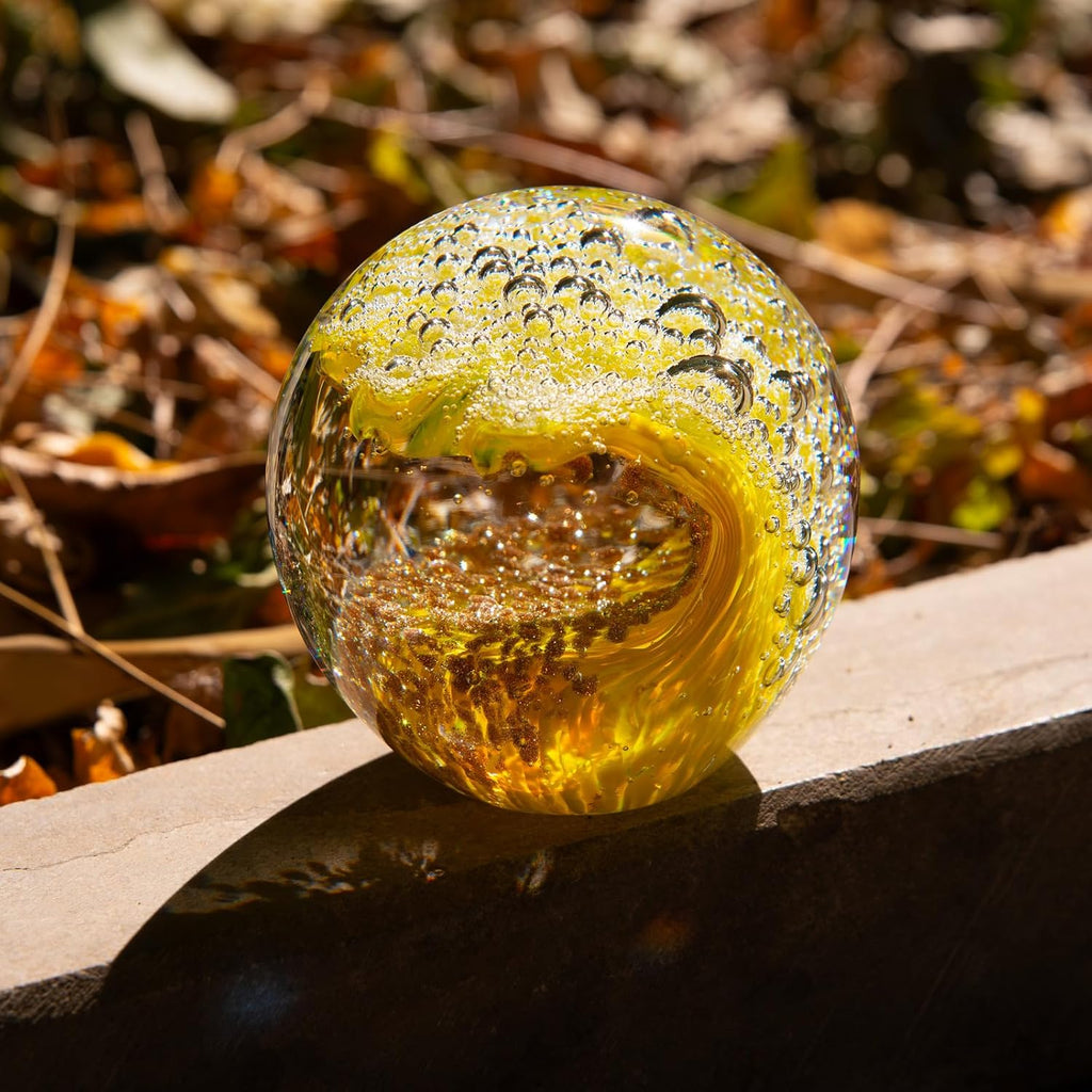 Hand-Blown Glass Ocean Wave Paperweight, 3.15" Solid Art Sculpture, Vibrant Yellow & Gold Nautical Desk Decor
