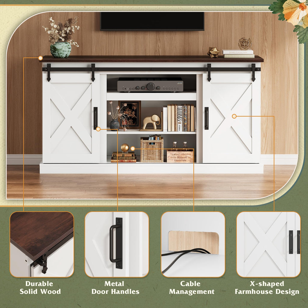 Farmhouse TV Stand for 65 Inch TV, Sliding Barn Doors, White