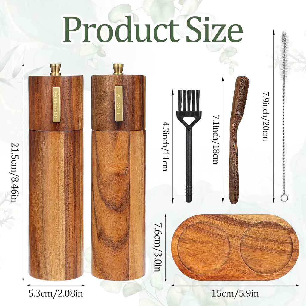 Wooden Salt and Pepper Grinder Set,8.46 inch Adjustable Coarseness Manual Salt and Pepper Mill with Brush - Set of 2