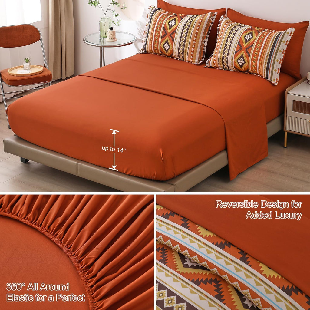 Burnt Orange/Terracotta Comforter Set King, Lightweight Boho Bed in A Bag King Size 7 Piece Aztec Fall Bedding Set