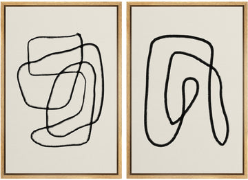 Framed Wall Art Print Set Black Lines Over Tan Plain Background Abstract Swirly Cozy Neutral Modern Art Mid-Century
