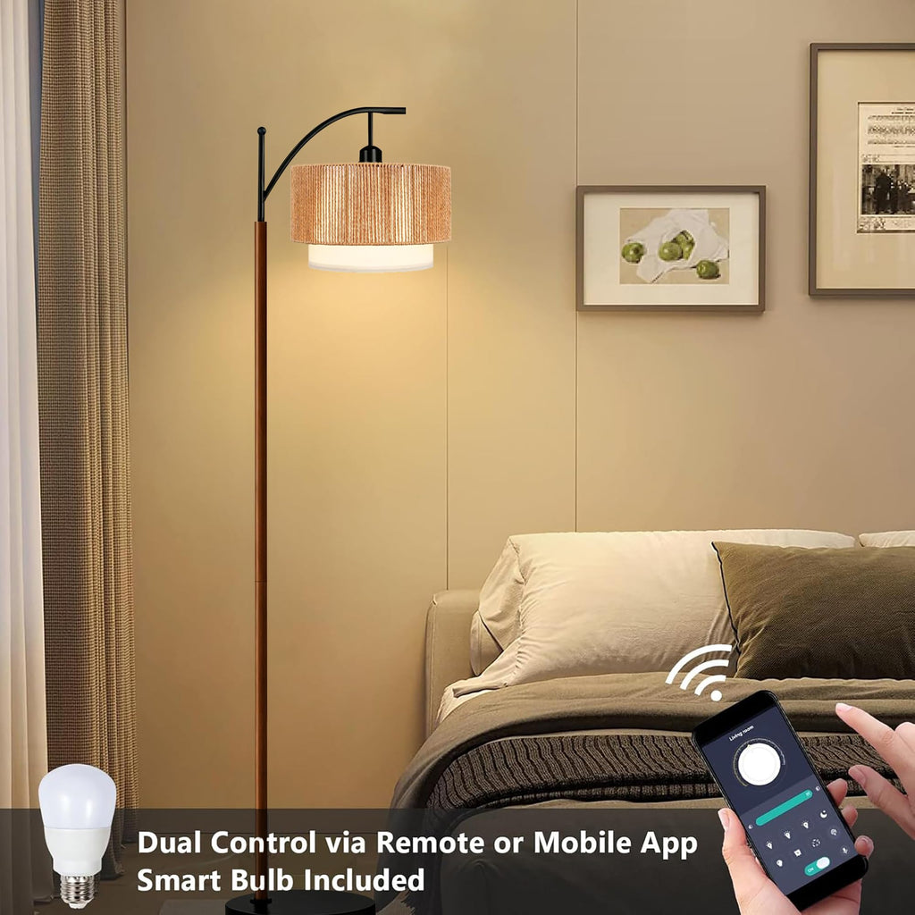 Arc Black Floor Lamp Bedroom with Remote, Rattan Boho Floor Lamps with 3 Color Temperatures, Rustic Standing Lamp with