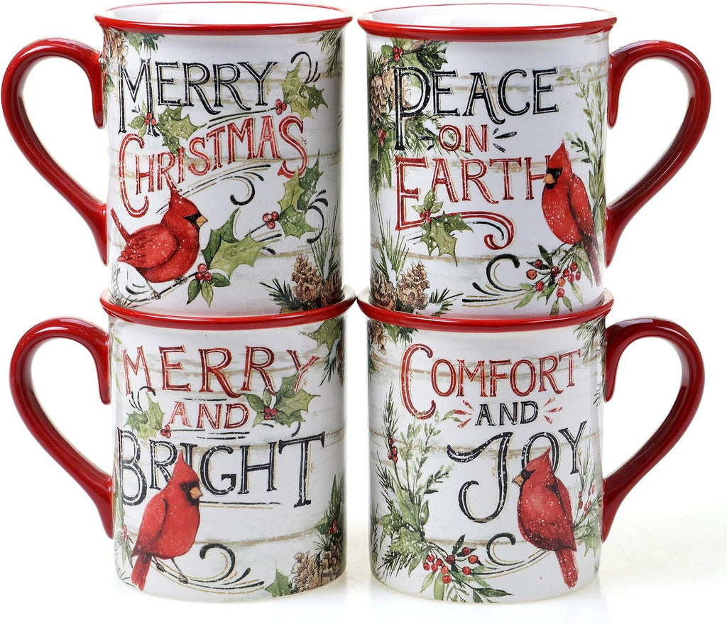 Evergreen Christmas Piece Dinnerware Set - Ceramic Holiday Plates, Bowls & Mugs with Cardinal & Script Design
