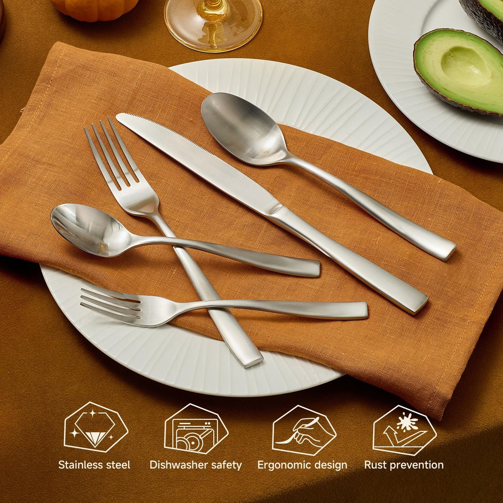 Flatware Set for 6, Matte Stainless Steel Utensil Set with Forks, Knives, Spoons, Dishwasher Safe, Rust