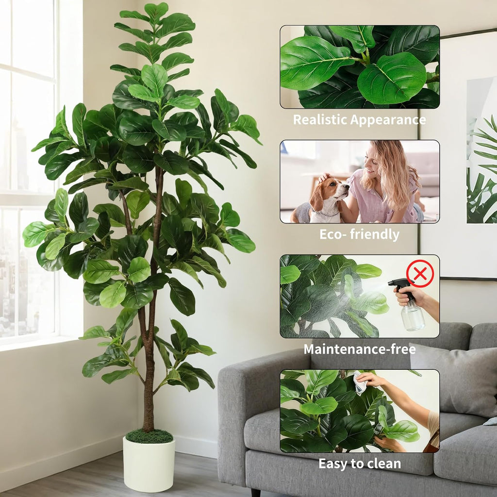 7FT Artificial Fiddle Leaf Fig Tree with White Planter & Fake Moss, Realistic Faux Ficus Lyrata Floor Plant Home