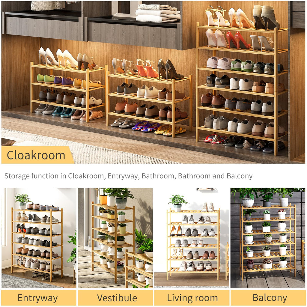 6-Tier Bamboo Shoe Rack, Stackable | Heavy Duty | Multi-Function, Free Standing Shoe Racks Hallway Closet