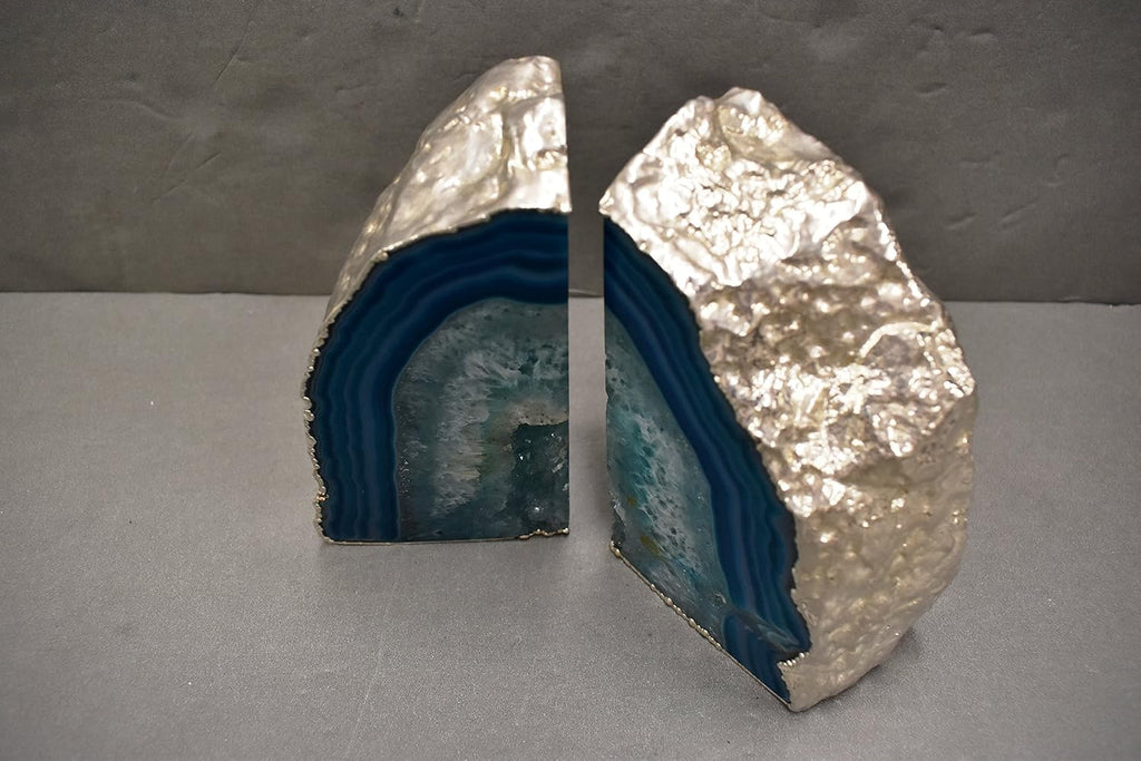 Agate Geode Bookends Silver Electroplated Small Bookends for Shelves, Non-Skid Bookend, Book Stopper for