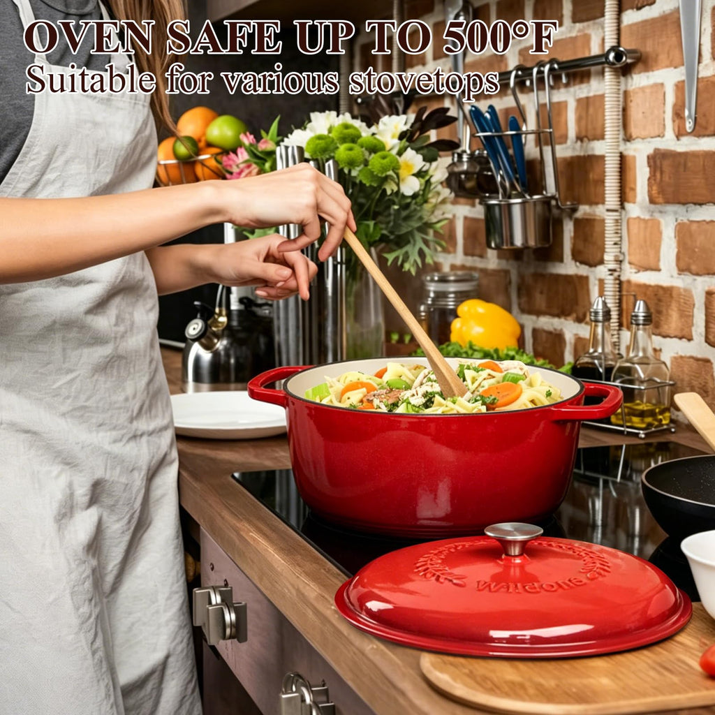 Enameled Cast Iron Dutch Oven - 6QT Pot with Lid & Cotton Potholders - Oven Safe Enamel Cookware for Bread Baking