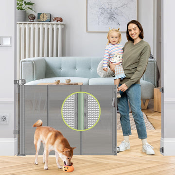 Reinforced 55" Wide Retractable Dog Gate with Support Rods, 33" Tall Retractable Baby Gate for Dogs, No Sag and