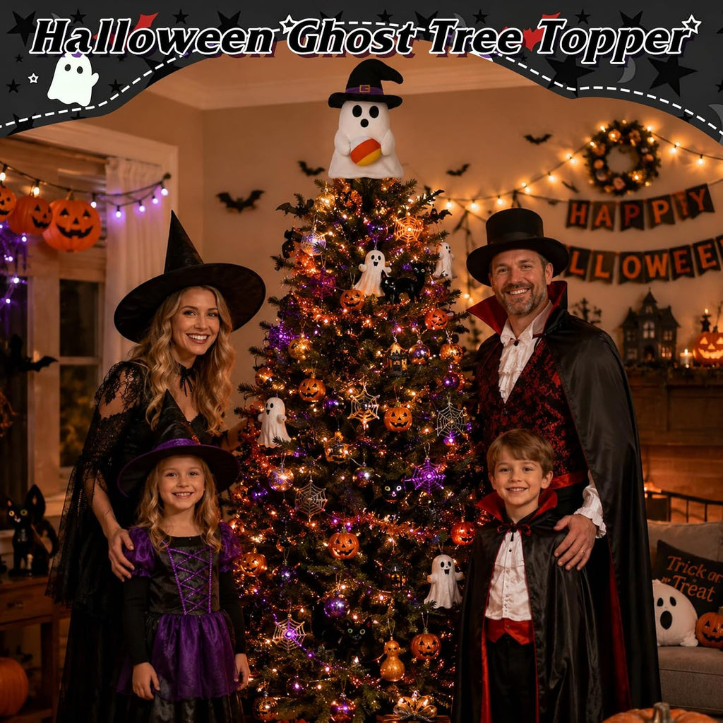 11'' Halloween Ghost Tree Topper with Witch Hat and Candy Corns