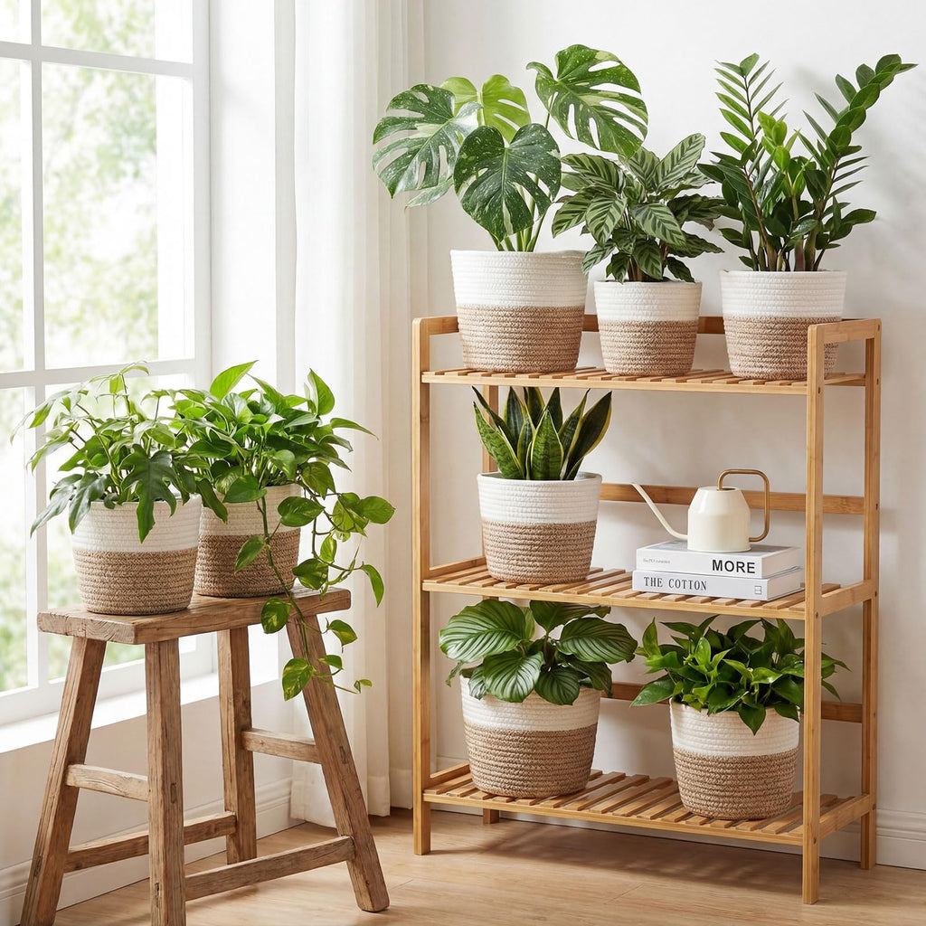 4 Pcs Cotton Rope Plant Baskets Indoor Woven Flower Baskets with Plastic Liner, Plant Planter for Indoor Outdoor