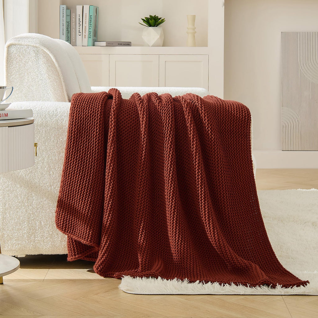 Rust Throw Blanket, Garter Knit, 60" x 80", Rustic Red Orange