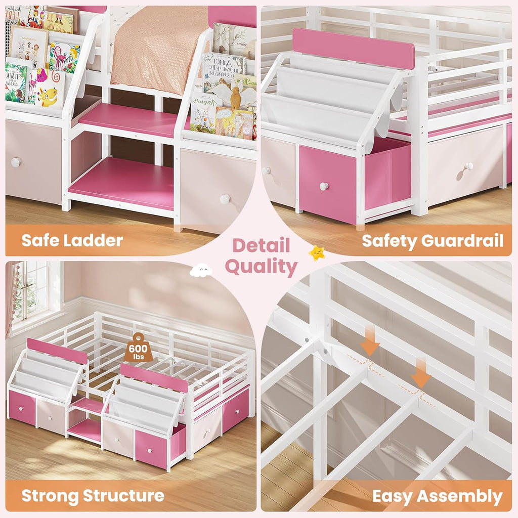 Montessori Kids Floor Bed with Guardrails & 6 Storage Drawers, Pink