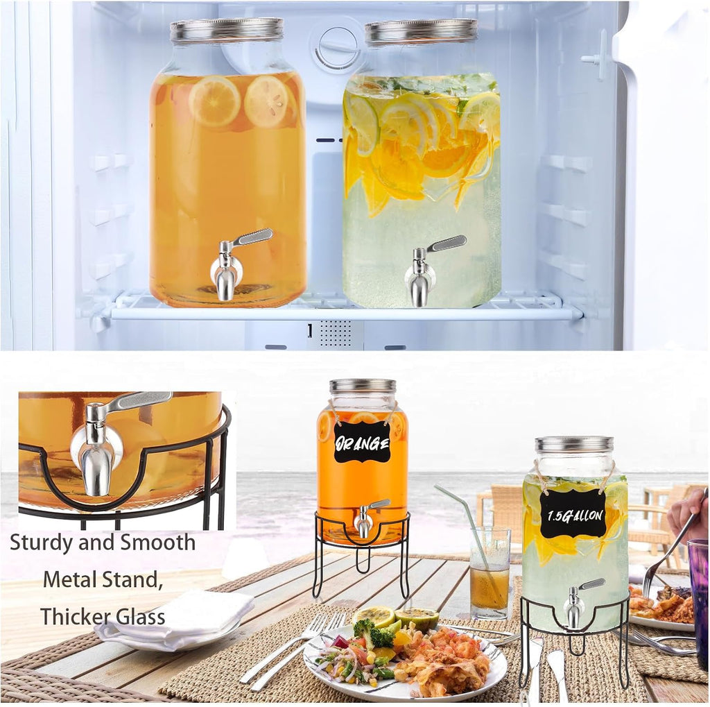 1.5 Gallon with Stand and Lid for Parties,Glass Drink Dispenser with Stainless Steel Leakproof Spigot,Mason Jar Drink