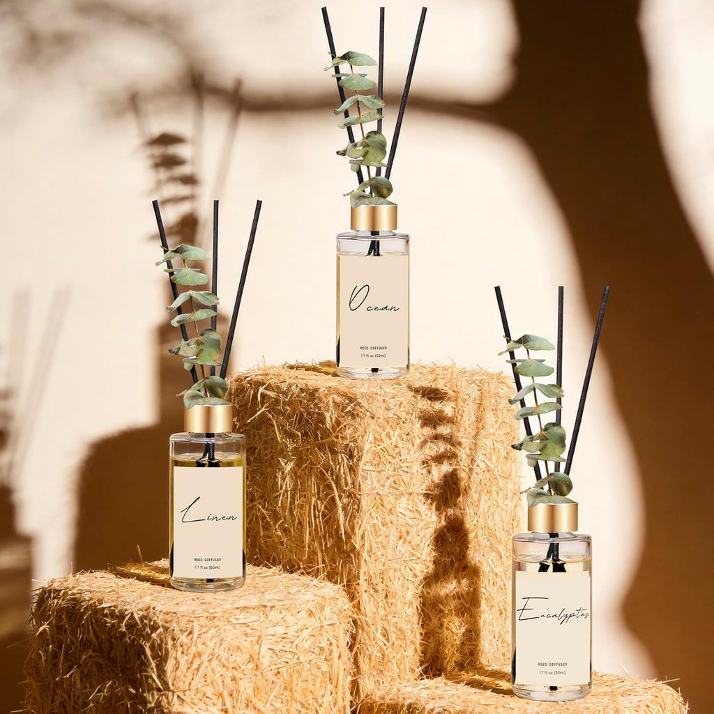 Reed Diffuser, Eucalyptus, Linen, Ocean Oil Diffusers with Sticks - Set of 3