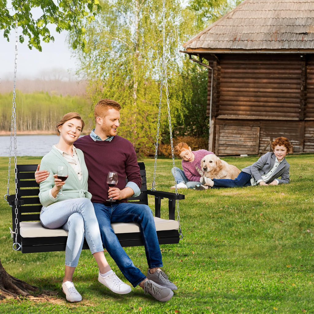 4 FT Heavy Duty Porch Swing with Cushion, 880 LBS Wooden, Black