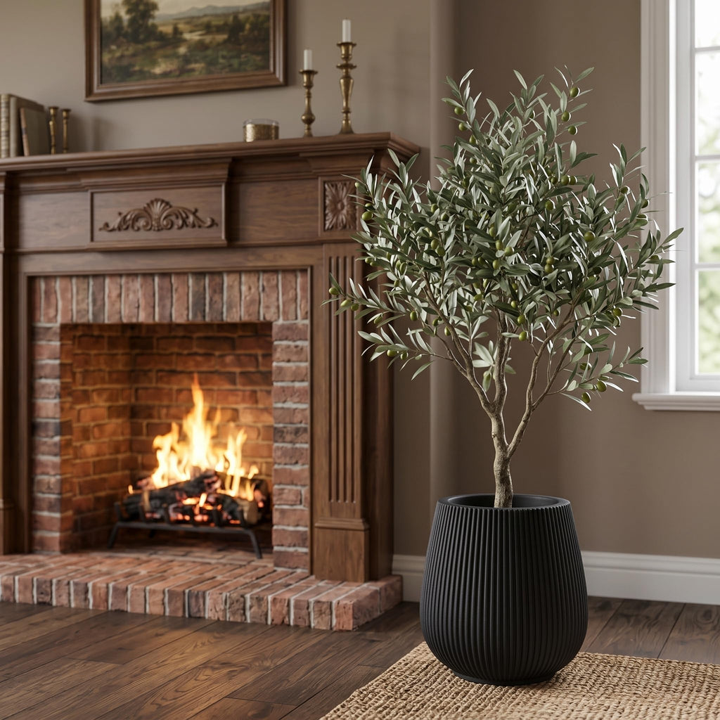 16" Pear-Shaped Fluted Outdoor Planter, Black, Modern Round Plant Pot
