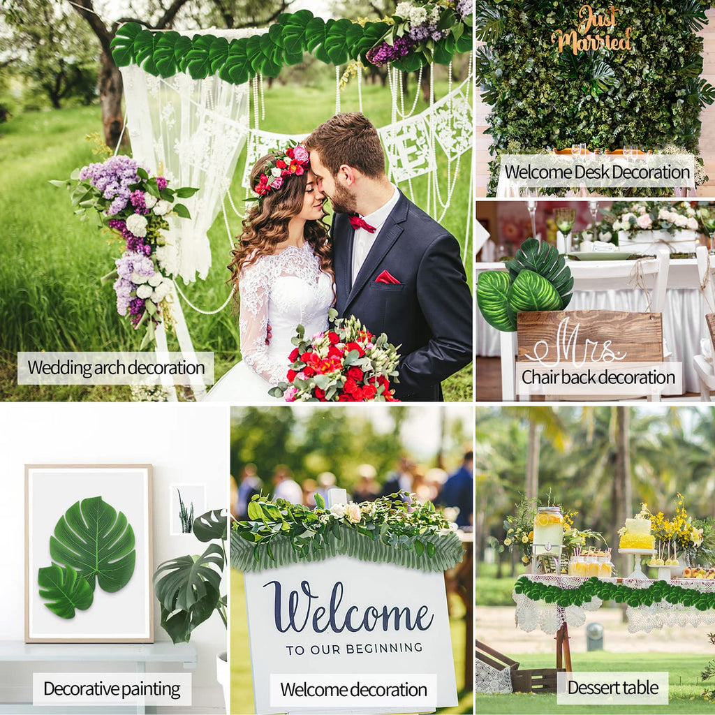 74 Pcs 7 Kinds Artificial Palm Leaves Tropical Fake Leaves, Monstera Leaf for Safari Jungle Hawaiian Dinosaur Luau