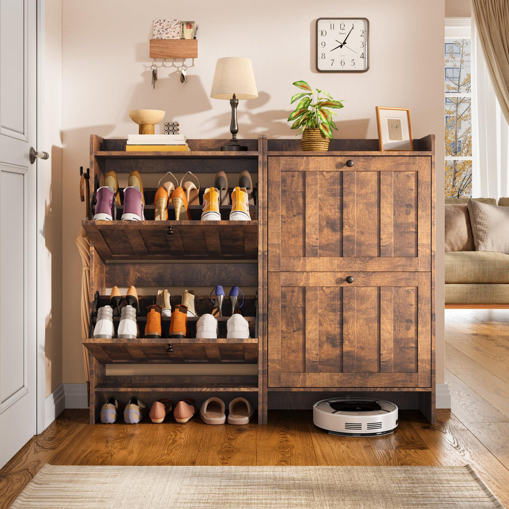 Narrow Shoe Storage Cabinet with 2 Flip Drawers, Retro