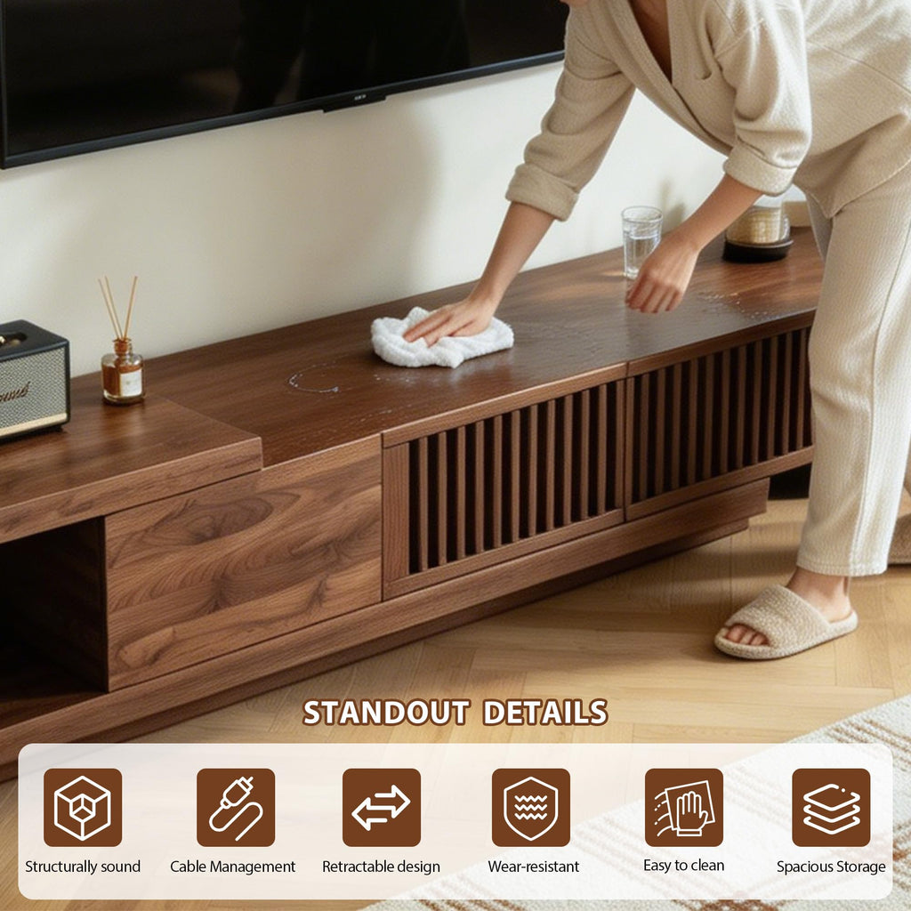 78.54-103" Mid-Century Modern Walnut TV Stand, Extendable Media Console with Slatted Door Design, Featuring Drawers