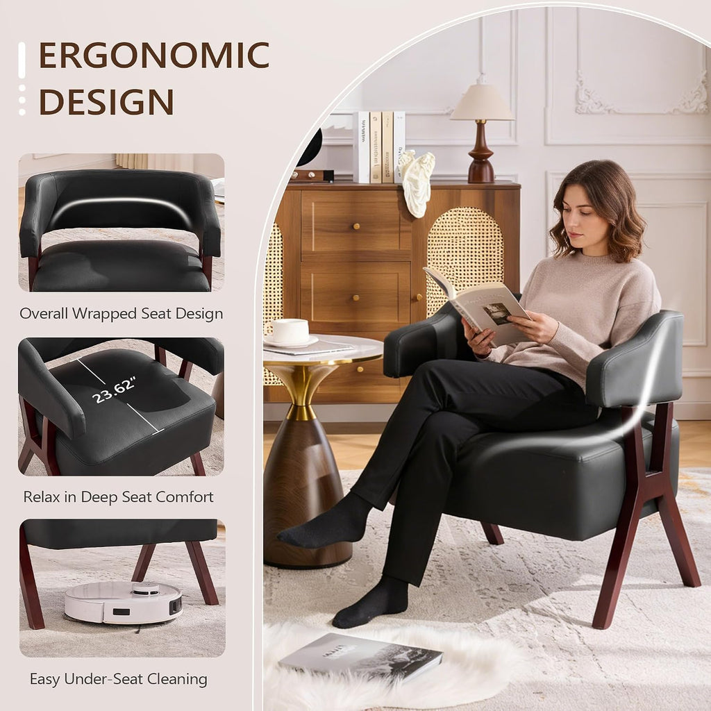 Barrel Accent Chairs, Leather Chair with Solid Wood Frame (2, Black) - Set of 2