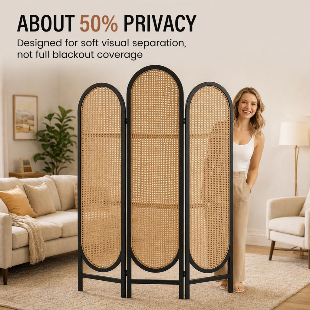 3 Panel Rattan Room Divider Screen, Boho Folding Privacy Screen