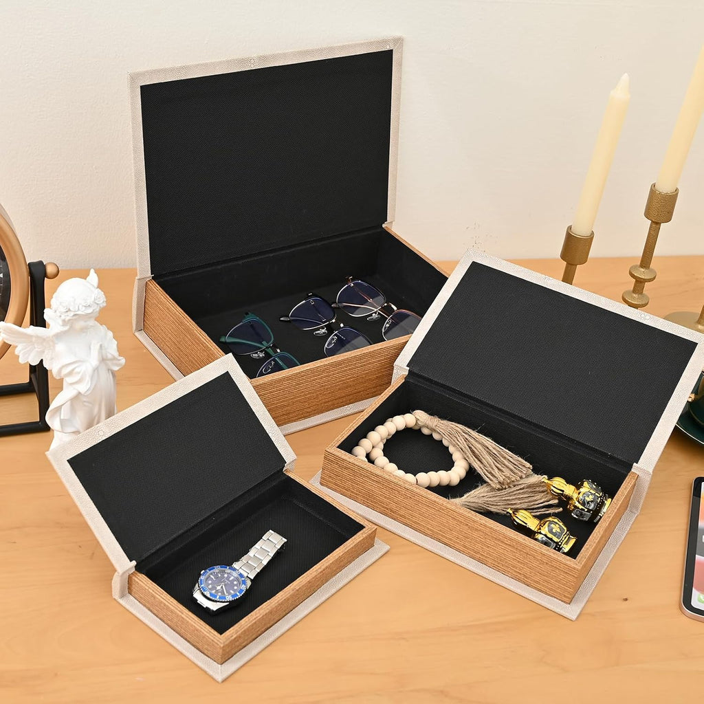 Modern Faux Shagreen Leather Decorative Book Boxes Set of 3 - Wooden Book Shaped Hidden Storage Boxes Decor, Coffee
