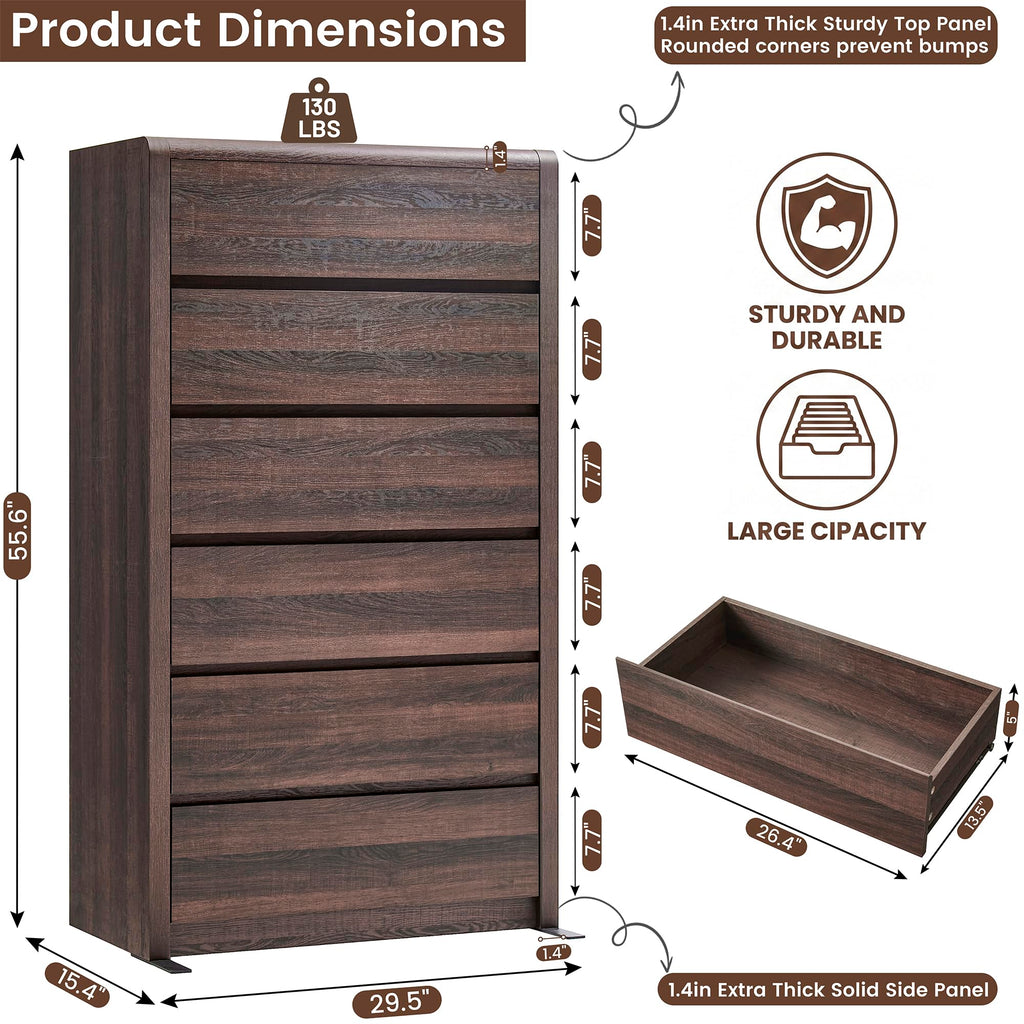 Modern 6 Drawers Dresser, 55.6" Tall Walnut Dressers & Chest of Drawer, Wooden Dresser, Front Curved & Handleless