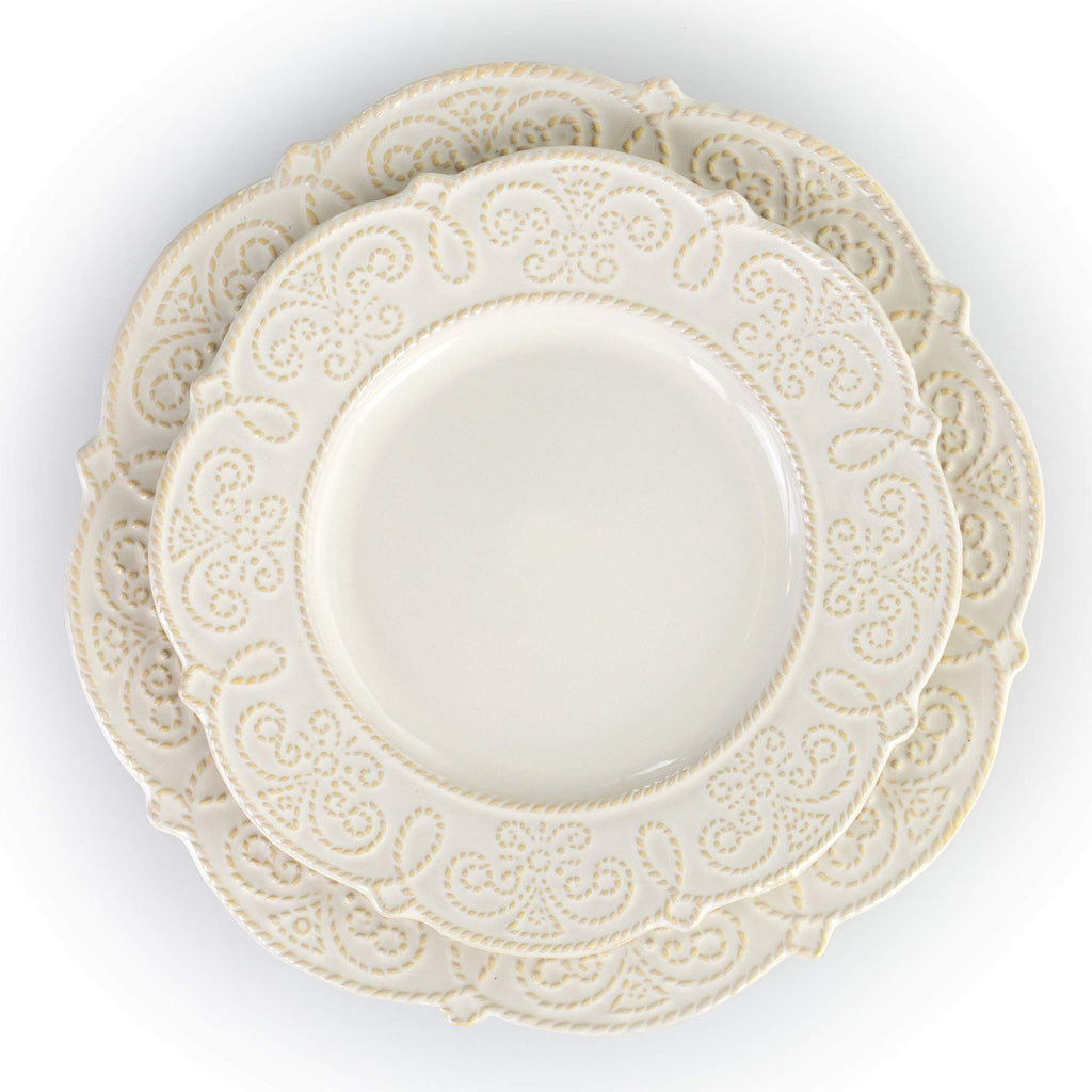 Round Decorated Stoneware Scallop Embossed Dinnerware Dish Set, 16 Piece, Luna