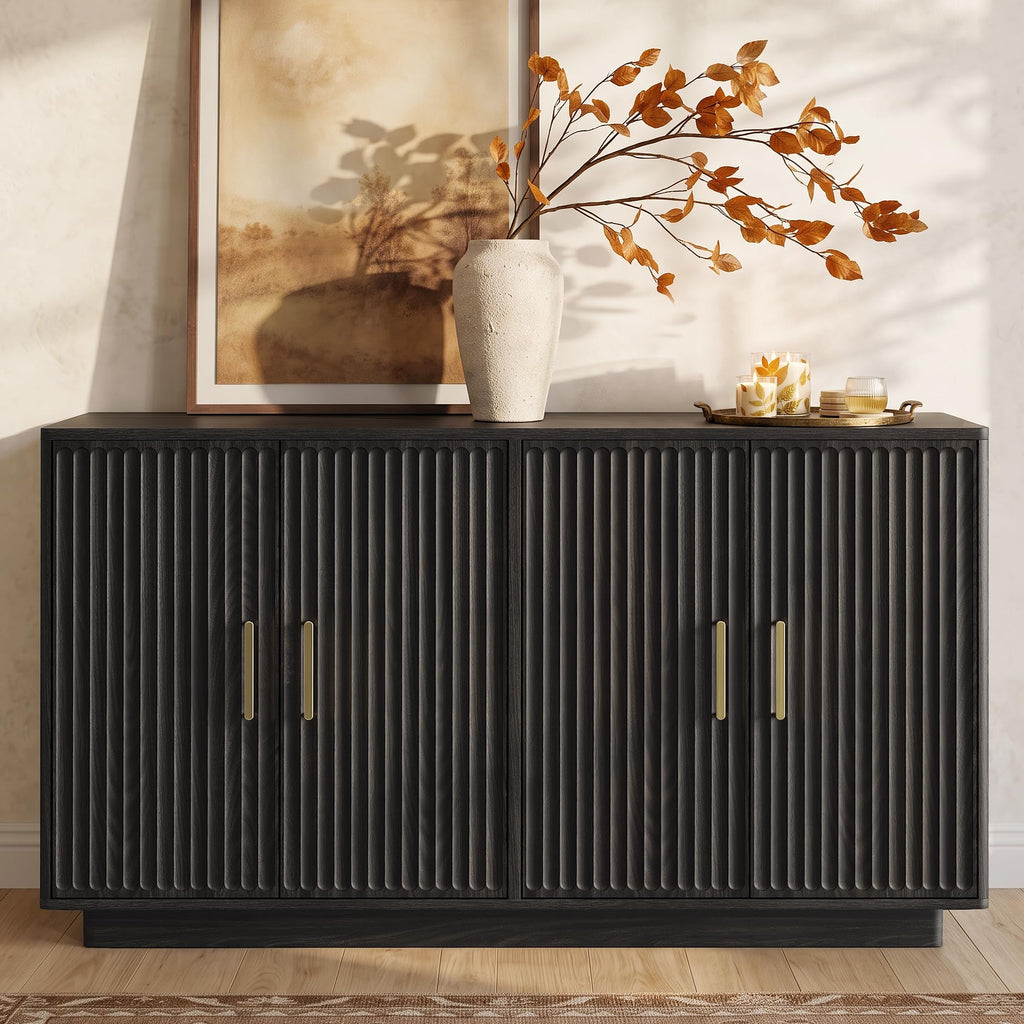 55" Fluted Buffet Cabinet with Storage, Modern Credenza, Black