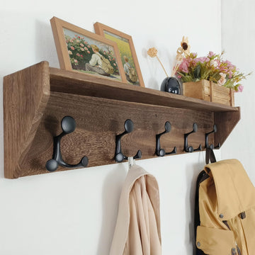 Wall Shelf with Hooks, 35-Inch Weathered Brown Wall Mounted Coat Rack with Shelf Organizer - Lightweight & Sturdy