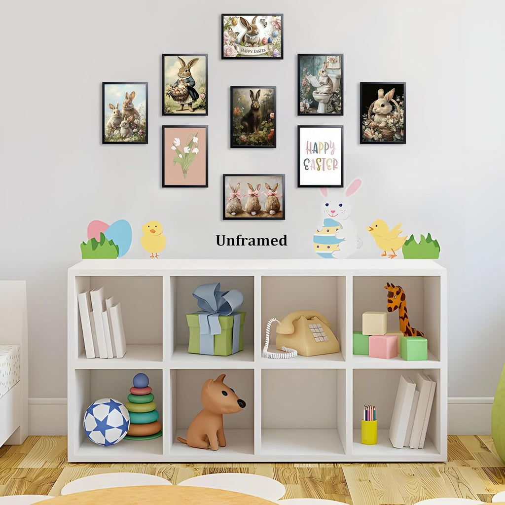 Vintage Easter Bunny Wall Art, Cute Rabbit Canvas Print Prints, Rustic Farmhouse Spring Easter Wall Decor - Set of 9