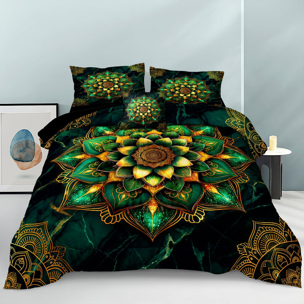 Green Marble Comforter Set Queen Size Mandala Floral Bedding Set Dark Green Mandala Print Boho Chic Bedding Super