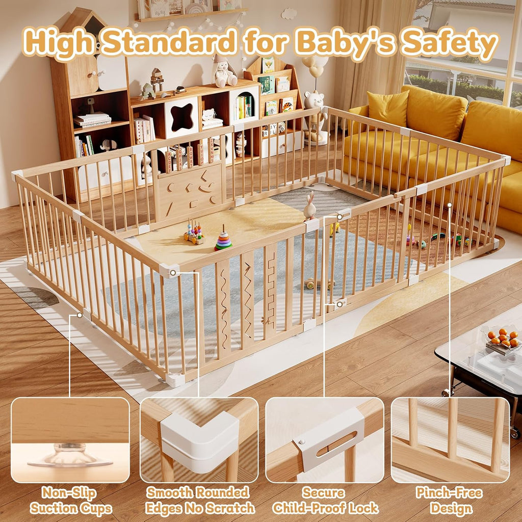Wooden Baby Playpen, 96"x64" Extra Large Play Yard for Toddlers | Natural Wood Playpen with Child-Proof Lock, Easy