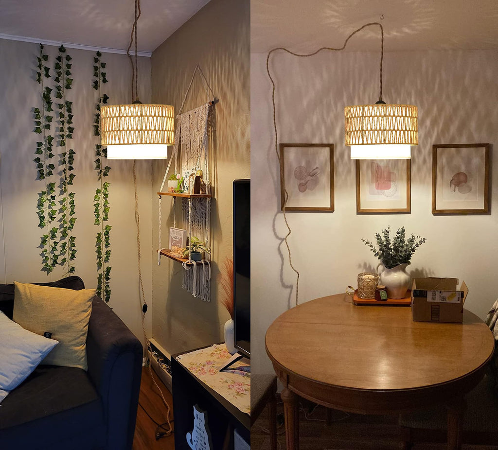 Boho Plug in Pendant Light Rattan Hanging Lights with Plug in Cord, Indoor Hanging Lamp with Dimmer Switch, Wicker