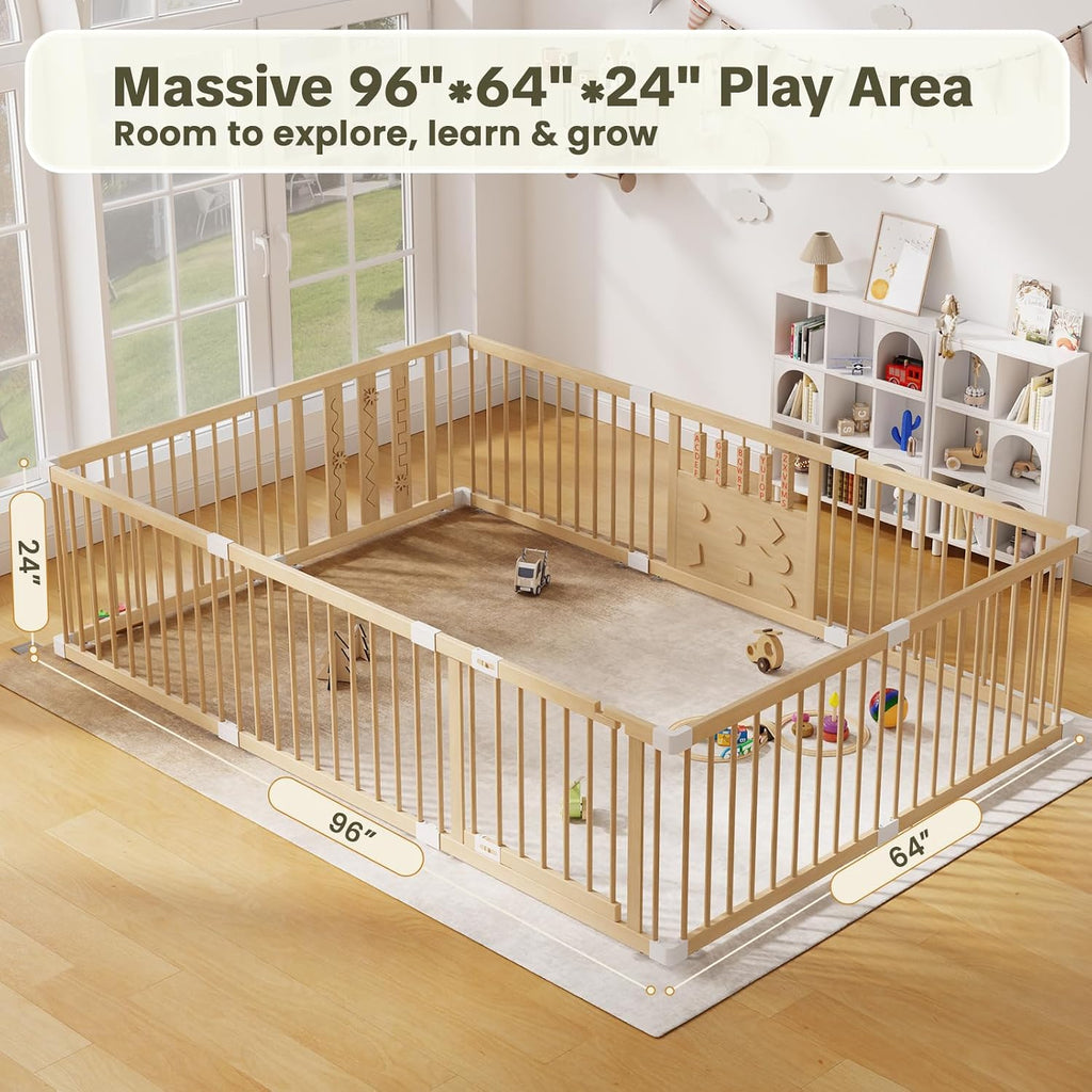 Wooden Baby Playpen with Safety Gate, 96"×64" Large Play Yard for Babies | Natural Pine Wood Playpen with Built-in