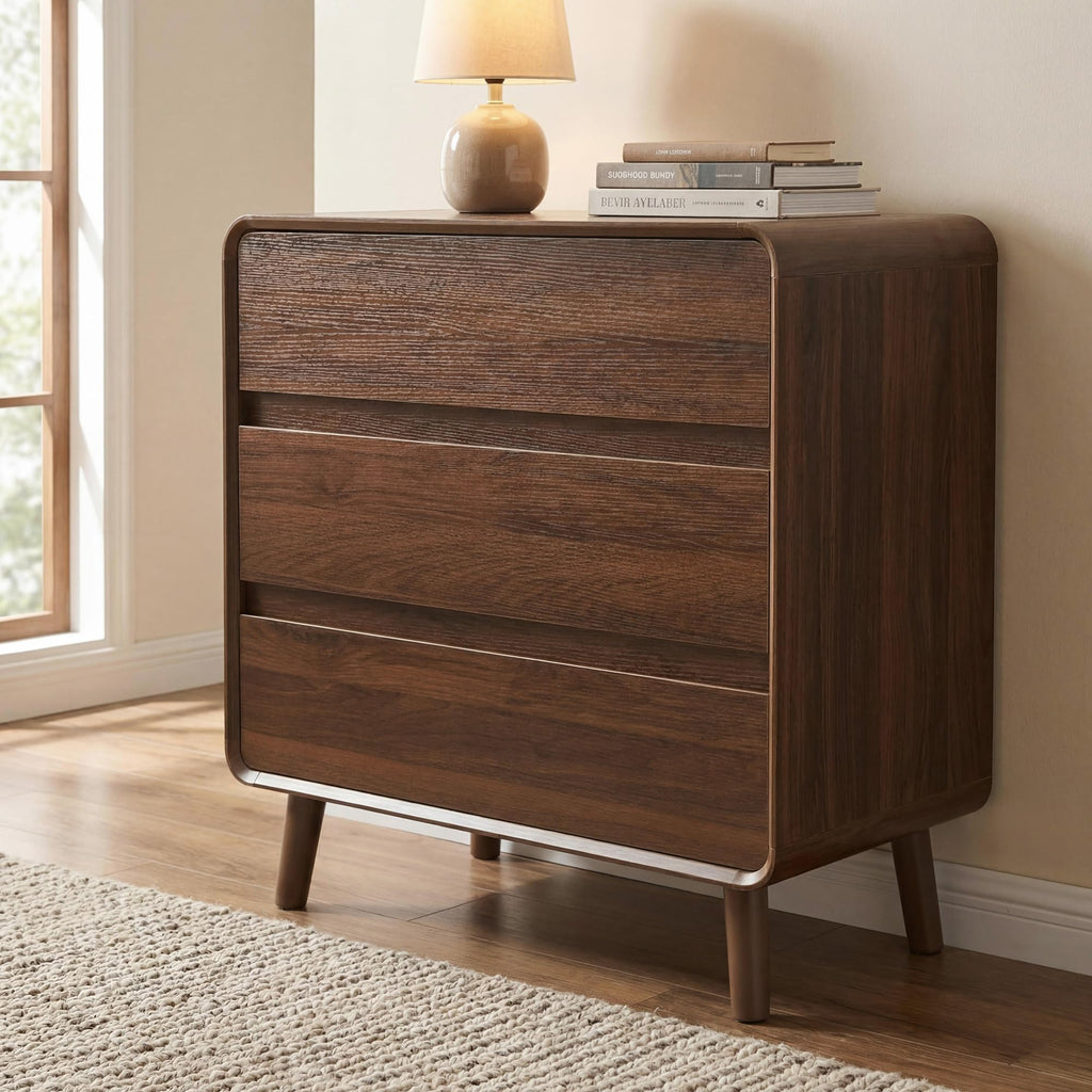 3 Drawer Dresser, Mid Century Modern Chest of Drawers, Curved Dresser with Storage Drawer, Wooden Bedroom Furniture