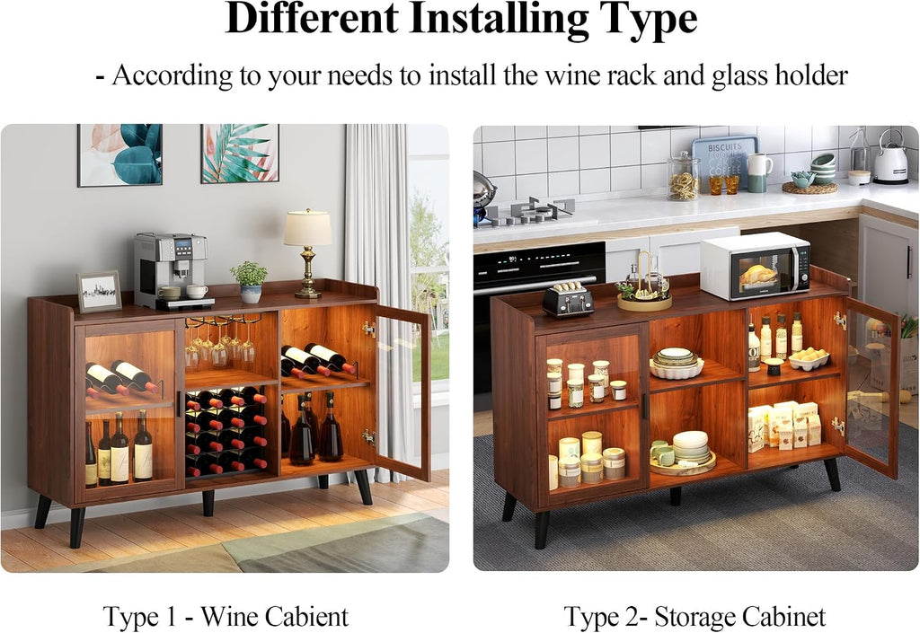 Wine Bar Cabinet with LED Light, Home Coffee Cabinet w/ Wine & Glass Holder | Kitchen Buffet Sideboard with Storage