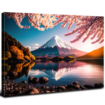 Mount Fuji Canvas Wall Art Japan National Park Poster Vintage Pink Cherry Blossom Pictures Canvas Prints Sunset