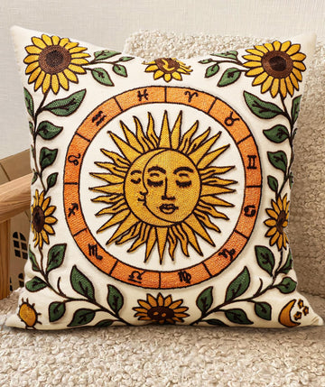 Embroidered Throw Pillow Cover 20x20 Inch, Sunflower Moon