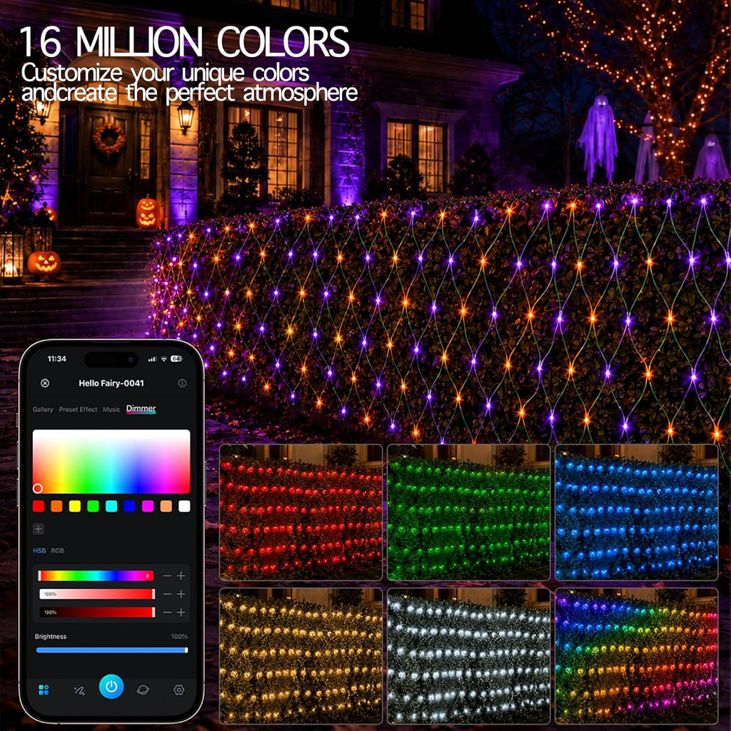 Outdoor Smart Net Lights 2.8 * 11ft, DIY Functions with Preset Holiday Modes for Bush Patio Decor, APP Control, Timer
