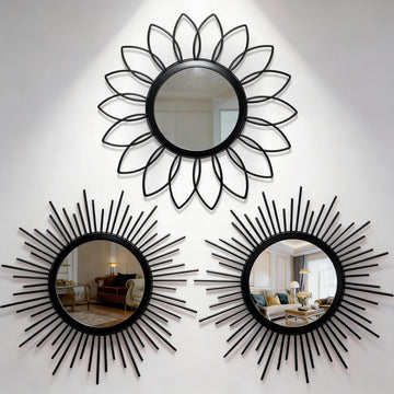 Set of 3 Black Metal Sunburst Wall Mirrors - 12" Round Decorative Art Bedroom Bathroom Entryway, No Assembly