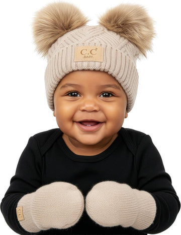 Baby Double Faux Fur Pom Pom Beanie & Mittens Set - Infant Winter Hat with Soft Lined Mittens
