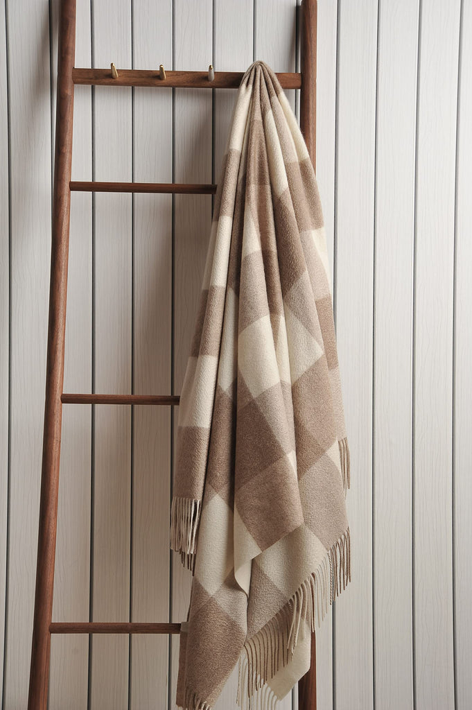 100% Pure Cashmere Throw Blanket for Sofa, Neutral Checkered