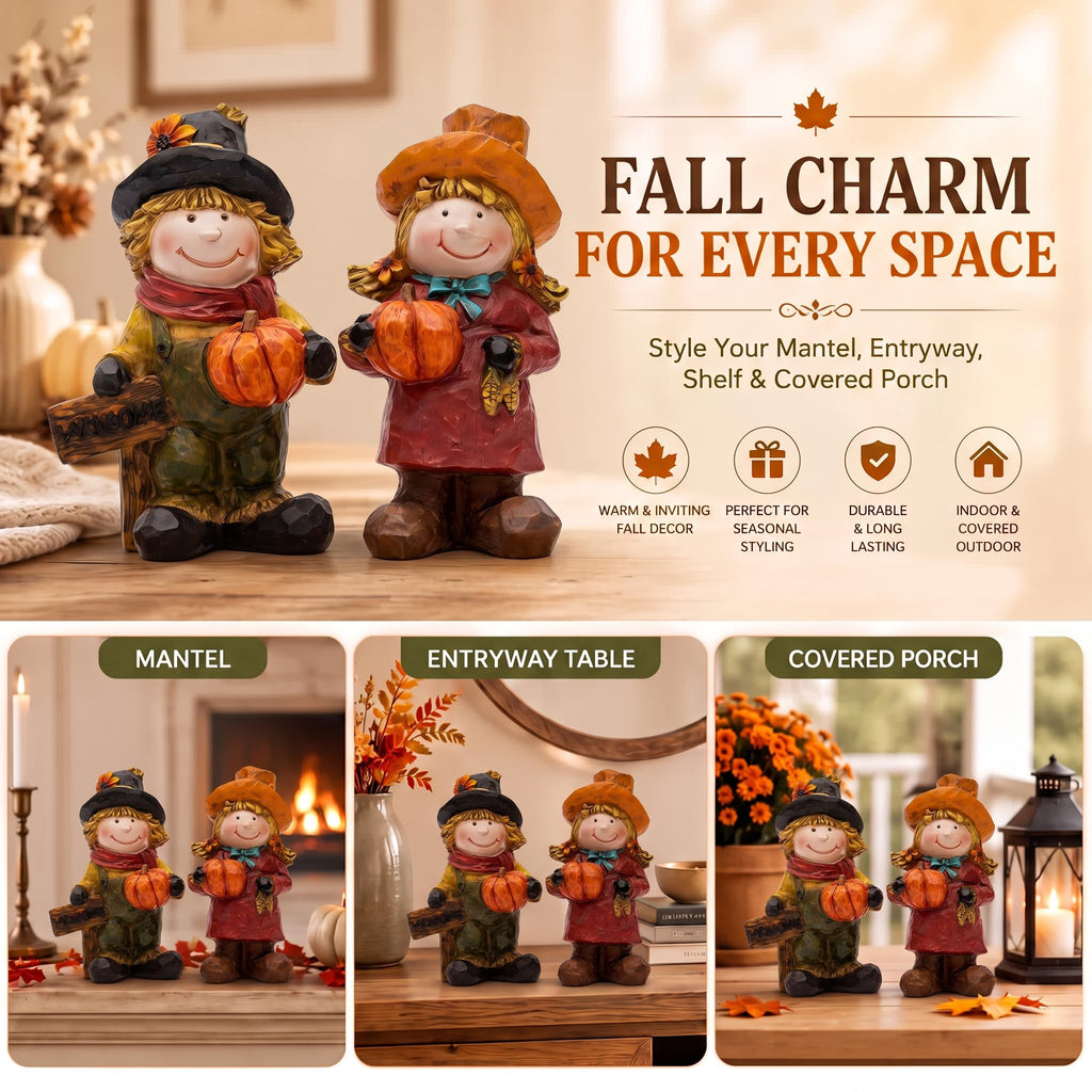 Fall Scarecrow Figurines Set of 2, Thanksgiving Pumpkin Decor