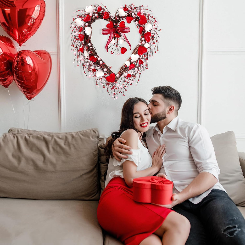17in Valentine's Day Heart Wreath with Berry Red Heart Wreaths Handmade Valentines Day Wreath with Silk Bow Red Pink